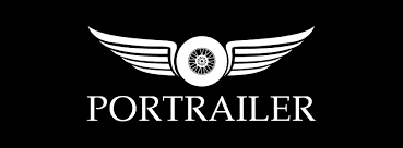 Un logotipo en blanco y negro para una empresa llamada Portrailer