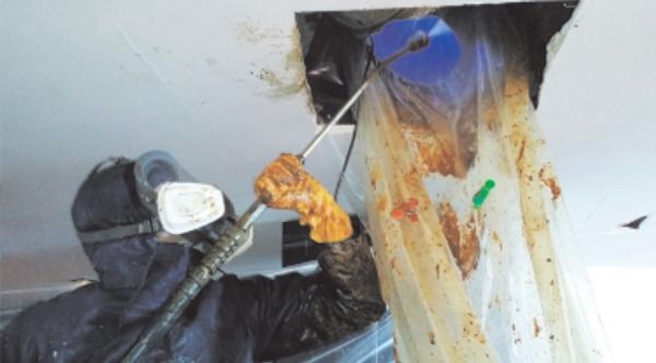 Un hombre con un traje de protección está rociando una pared con una manguera.