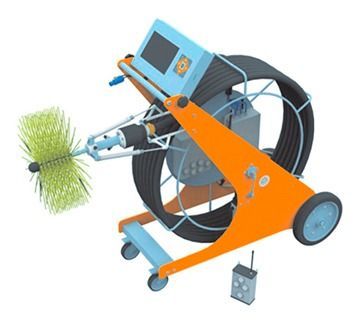 Una máquina de limpieza de desagües con un cepillo verde adjunto.