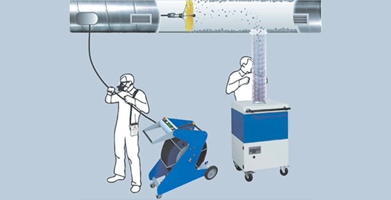 Un dibujo de un hombre limpiando una pipa con una máquina.