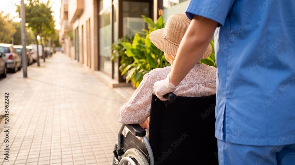Eine Person in blauem Hemd und Strohhut schiebt jemanden im Rollstuhl über einen sonnigen Gehweg.