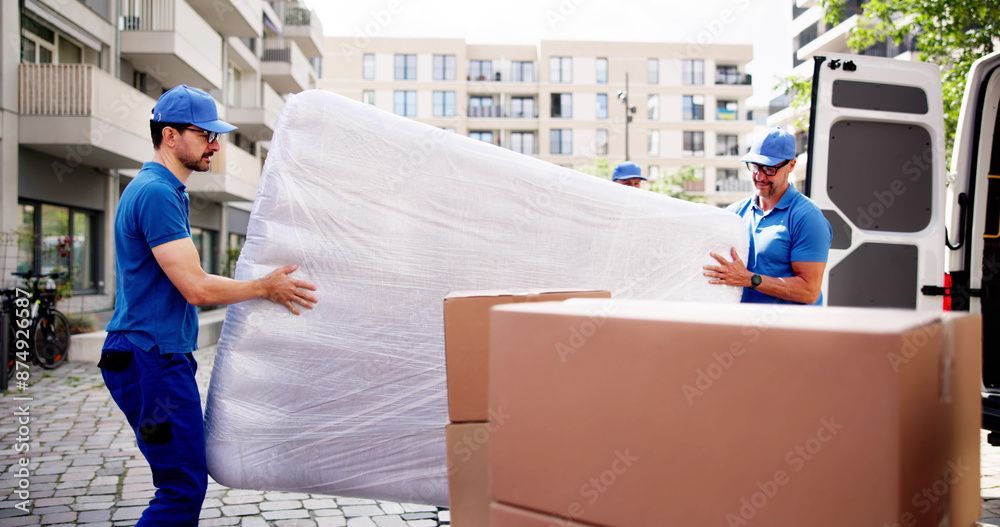 Eine Gruppe von Möbelpackern trägt eine grosse Matratze eine Strasse entlang.