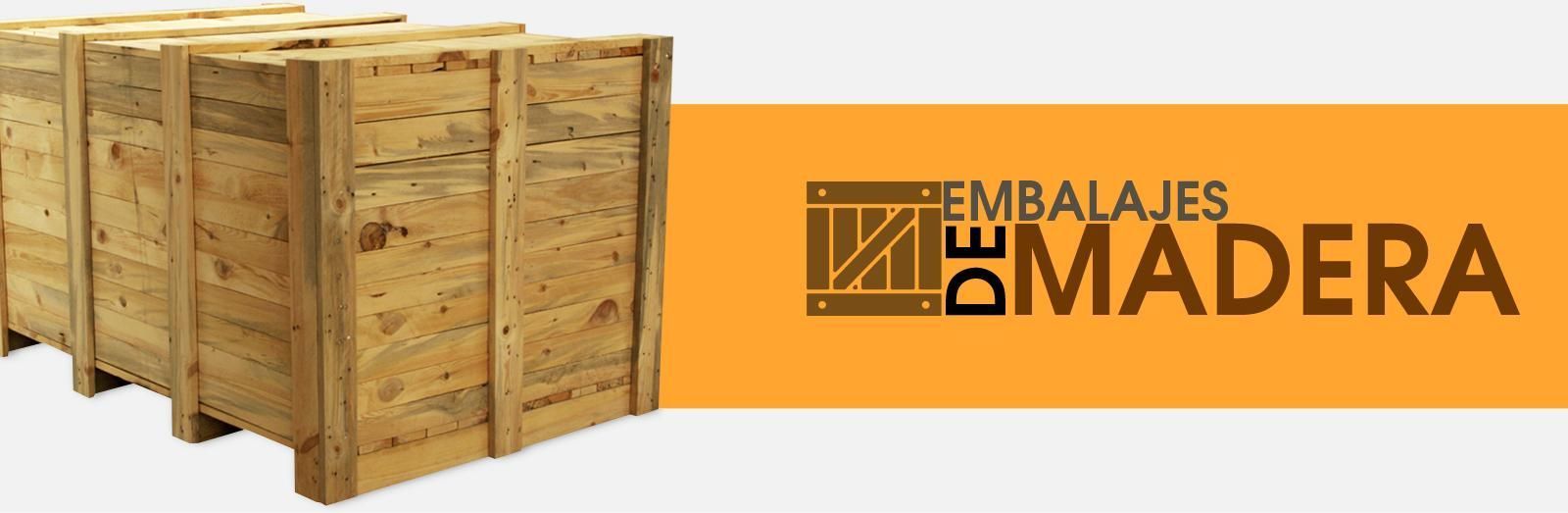 Cajas de madera junto al logotipo de Hwala les Madera sobre un fondo naranja.