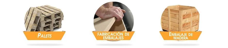 Tres iconos de cajas de madera sobre etiquetas naranjas, que incluyen palés y otras opciones de embalaje.
