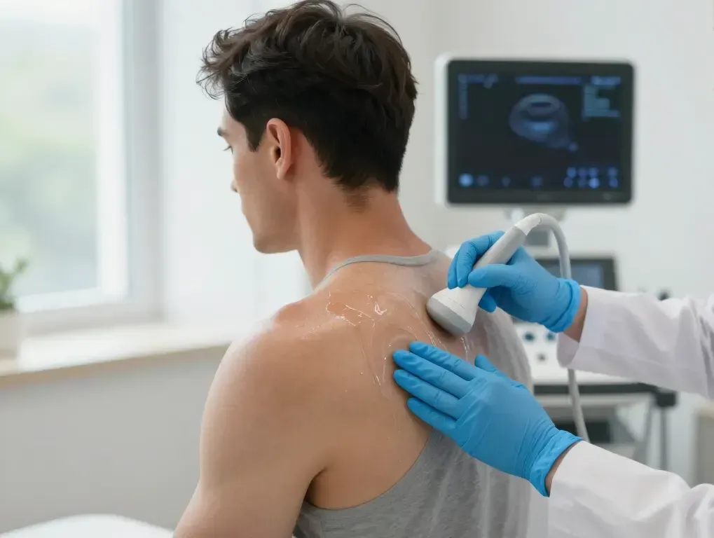 Ecograf&iacute;a musculoesquel&eacute;tica en hombro realizada por fisioterapeuta en consulta.