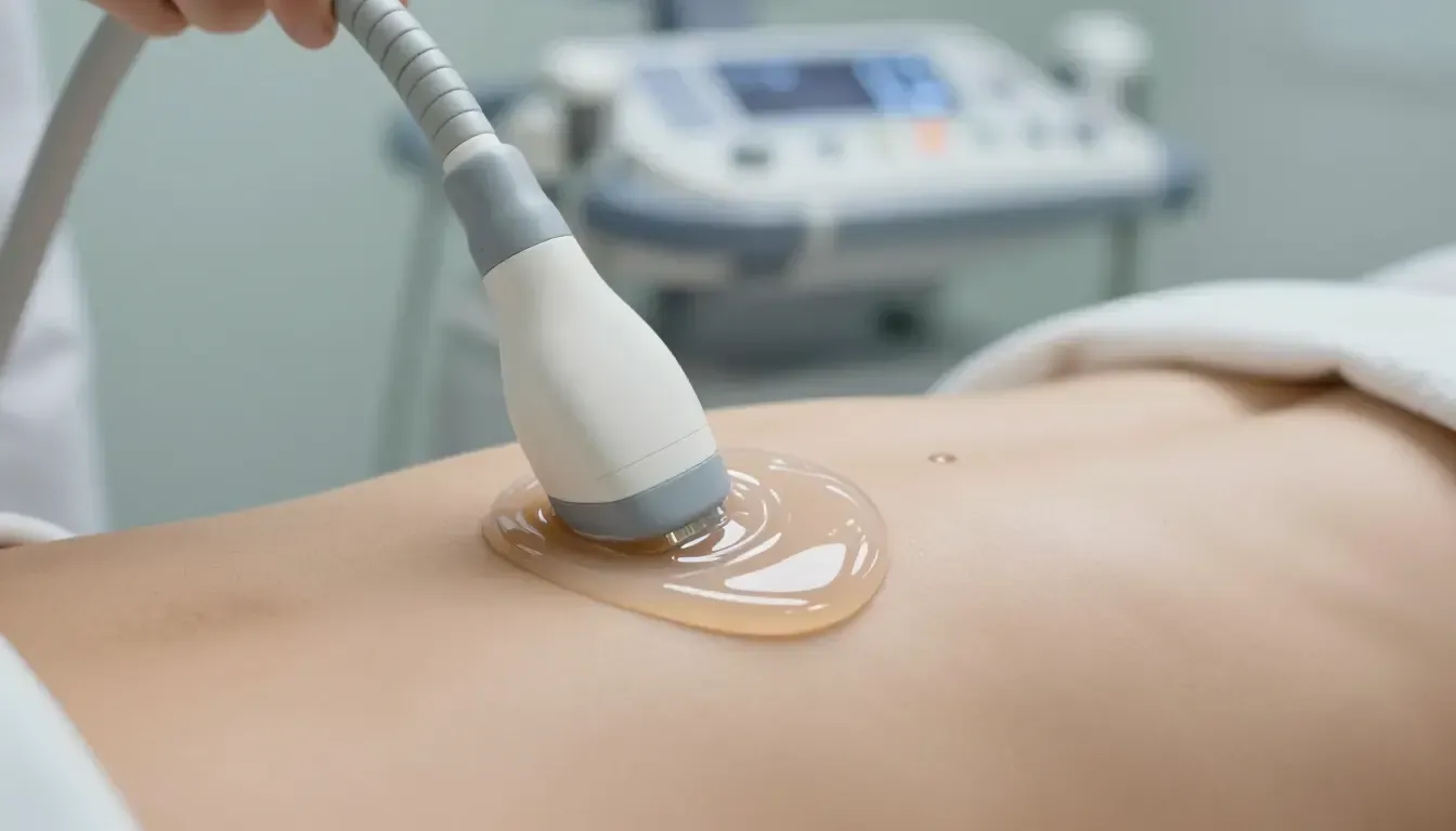 Detalle del transductor de ecograf&iacute;a con gel aplicado sobre la piel.