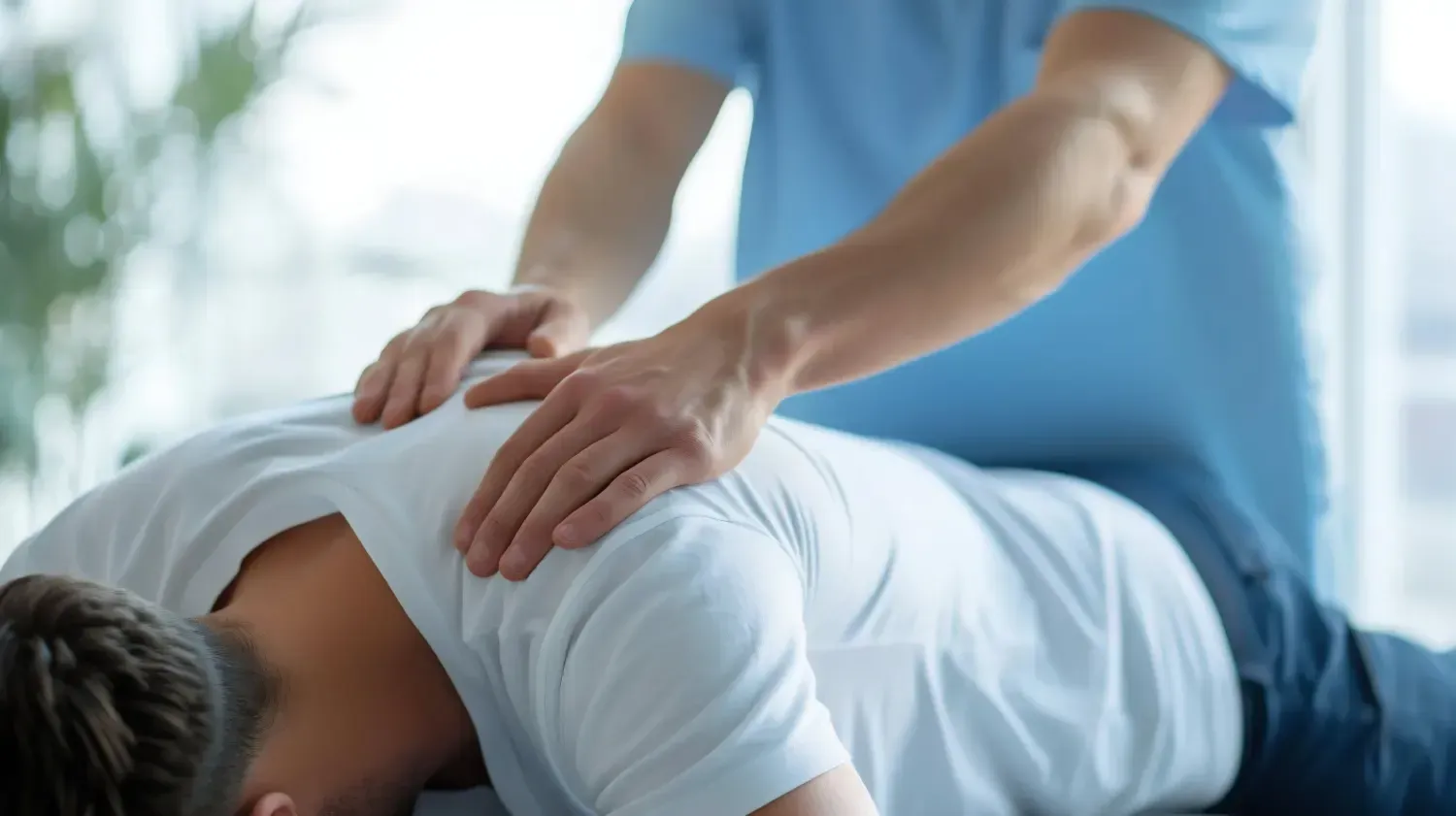 Persona con dolor en espalda y m&eacute;dico dando la valoraci&oacute;n musculoesquel&eacute;tica en fisioterapia.