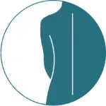 Un c&iacute;rculo de color verde azulado con el perfil blanco de una espalda humana y una l&iacute;nea