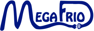 Logotipo de MegaRio en azul con un gr&aacute;fico de cable de alimentaci&oacute;n estilizado.