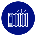 Círculo azul con un contorno blanco de un radiador que emite vapor.