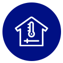 Icono de la casa blanca con termómetro y control deslizante horizontal sobre fondo azul.