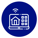 Icono de casa blanca en una tableta con símbolo de wifi, dentro de un círculo azul.