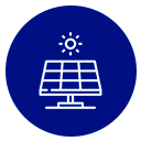 Panel solar con icono de sol, contorno blanco sobre círculo azul.