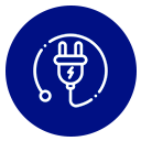 Enchufe blanco con cable y símbolo de electricidad dentro de un círculo azul.