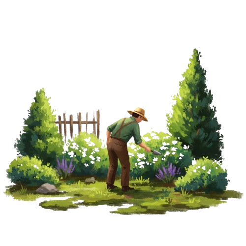 Jardinier coiffé d'un chapeau, s'occupant de fleurs dans un jardin ensoleillé agrémenté d'arbustes et d'une clôture en bois