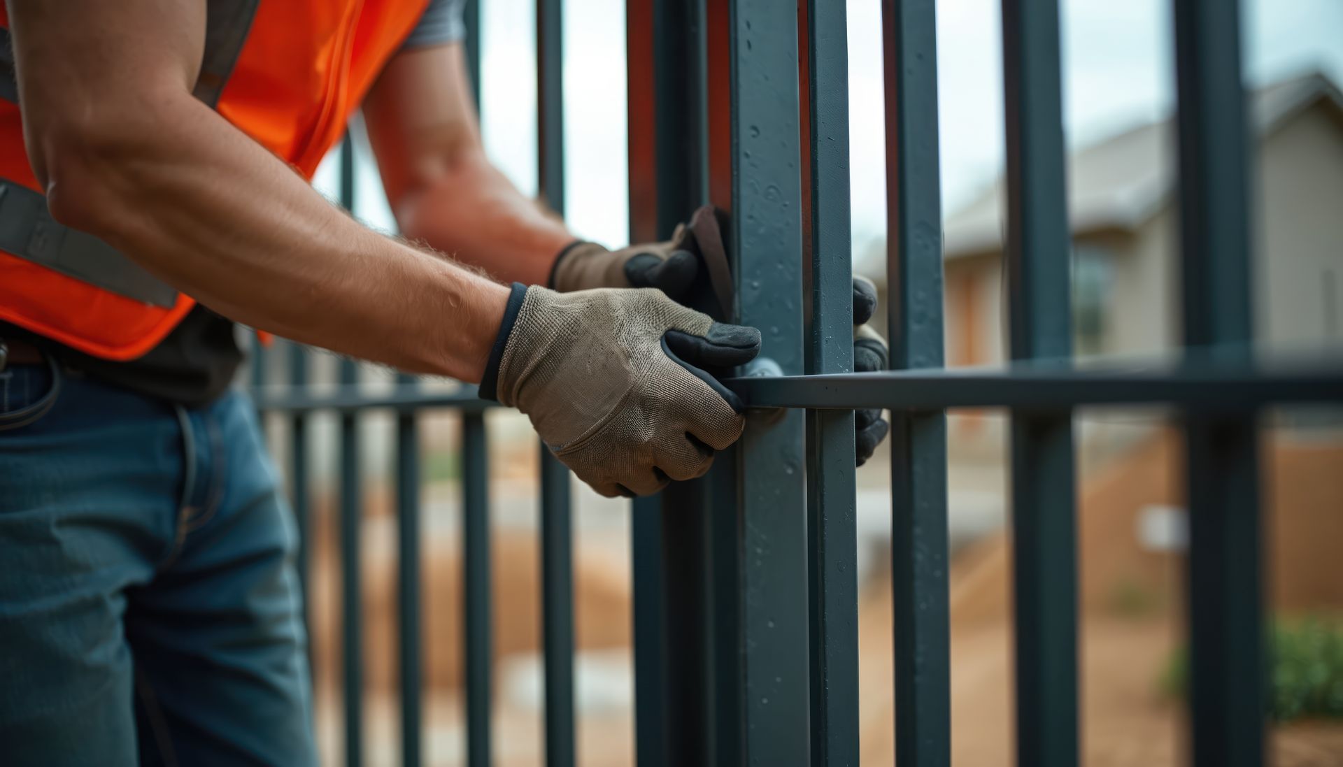 Ouvrier en gilet orange fixant une clôture métallique avec des gants