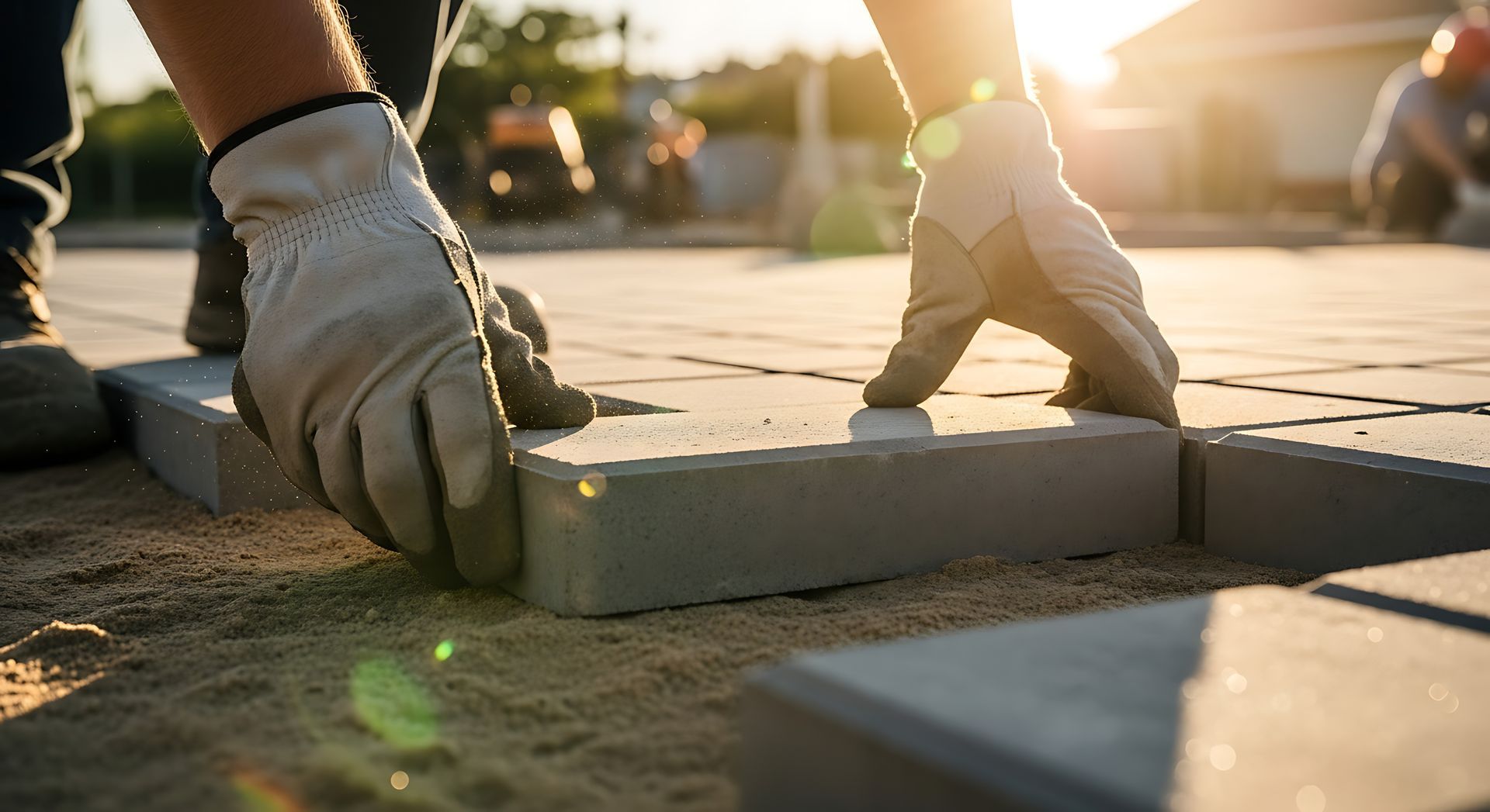 Des mains gantées posent une dalle sur un trottoir ensoleillé pendant des travaux de construction
