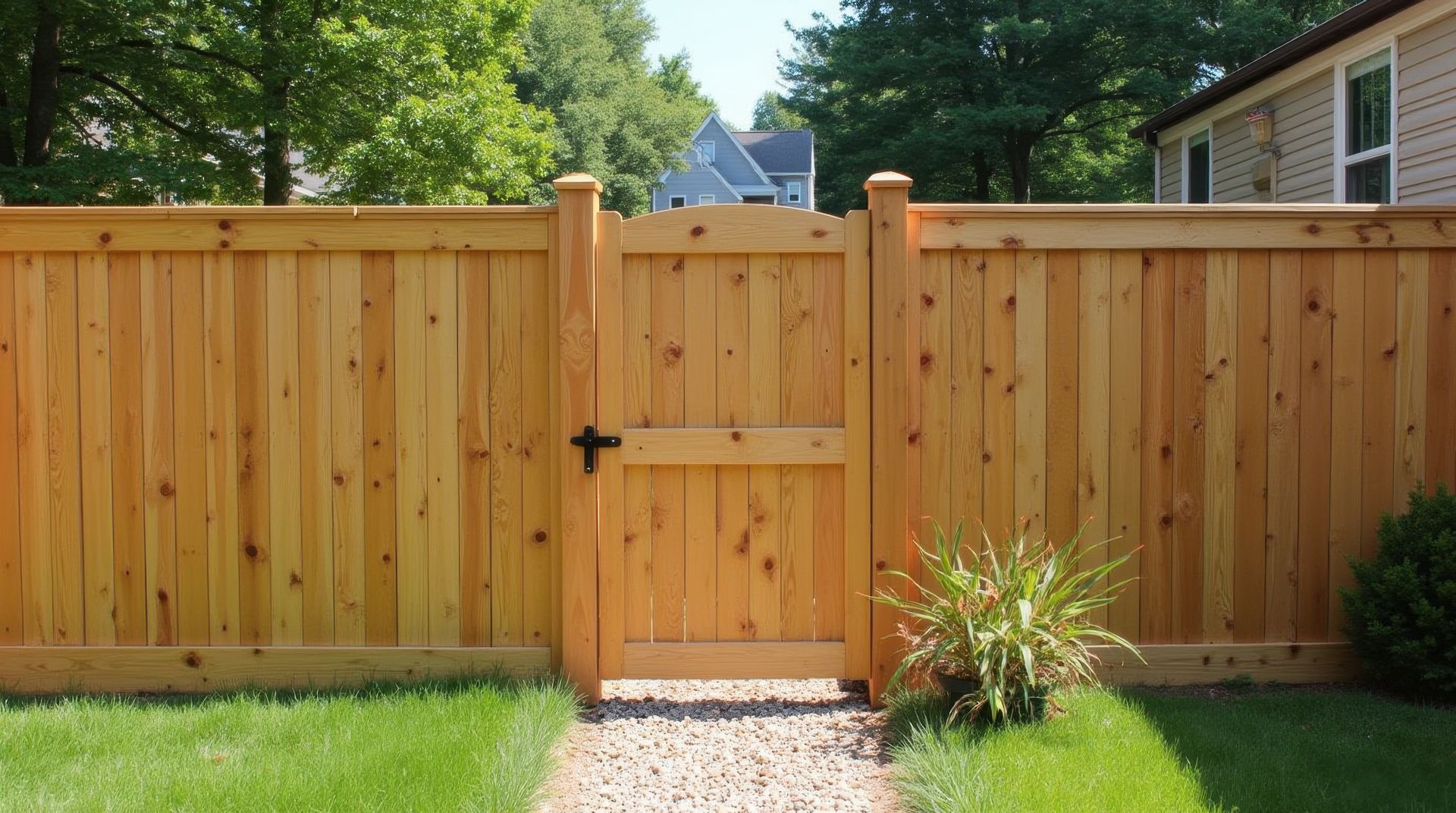 Clôture en bois dans le jardin avec portail assorti, allée de gravier et pelouse verte ensoleillée