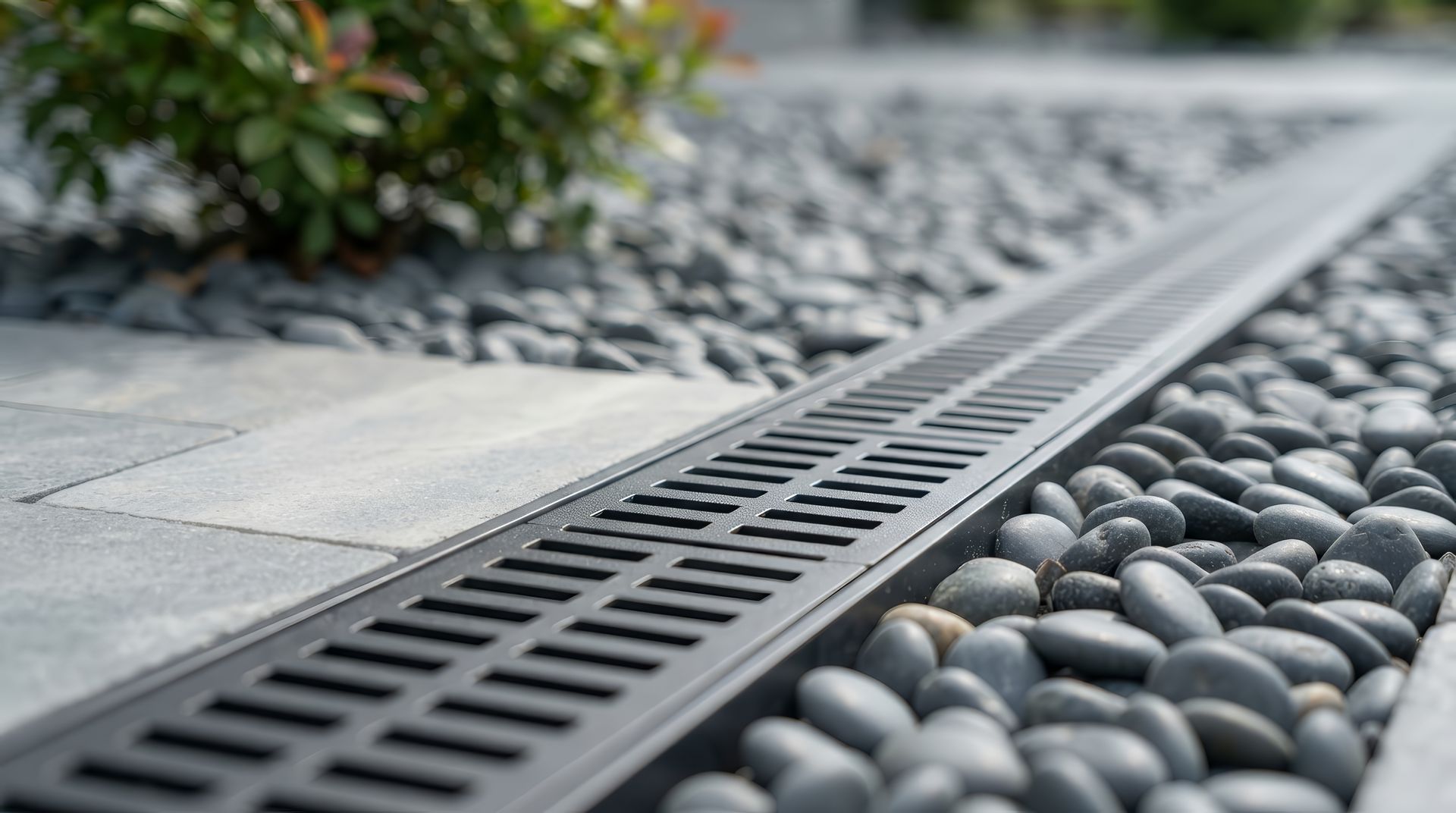 Canal de drainage linéaire en métal longeant des galets gris et une allée en béton