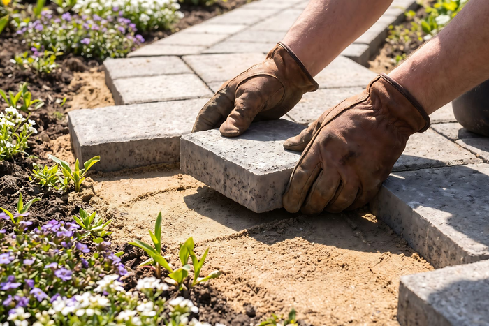 Des mains gantées posent des dalles de béton le long d'un chemin de jardin, près des fleurs et du sable.