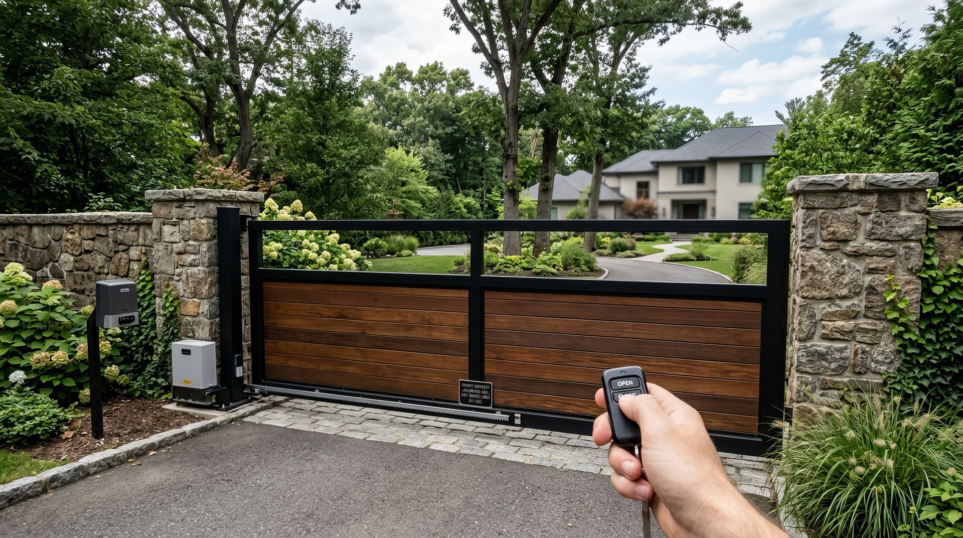 Une main tenant une télécommande ouvre un portail d'allée moderne en bois et noir, adossé à un mur de pierre.