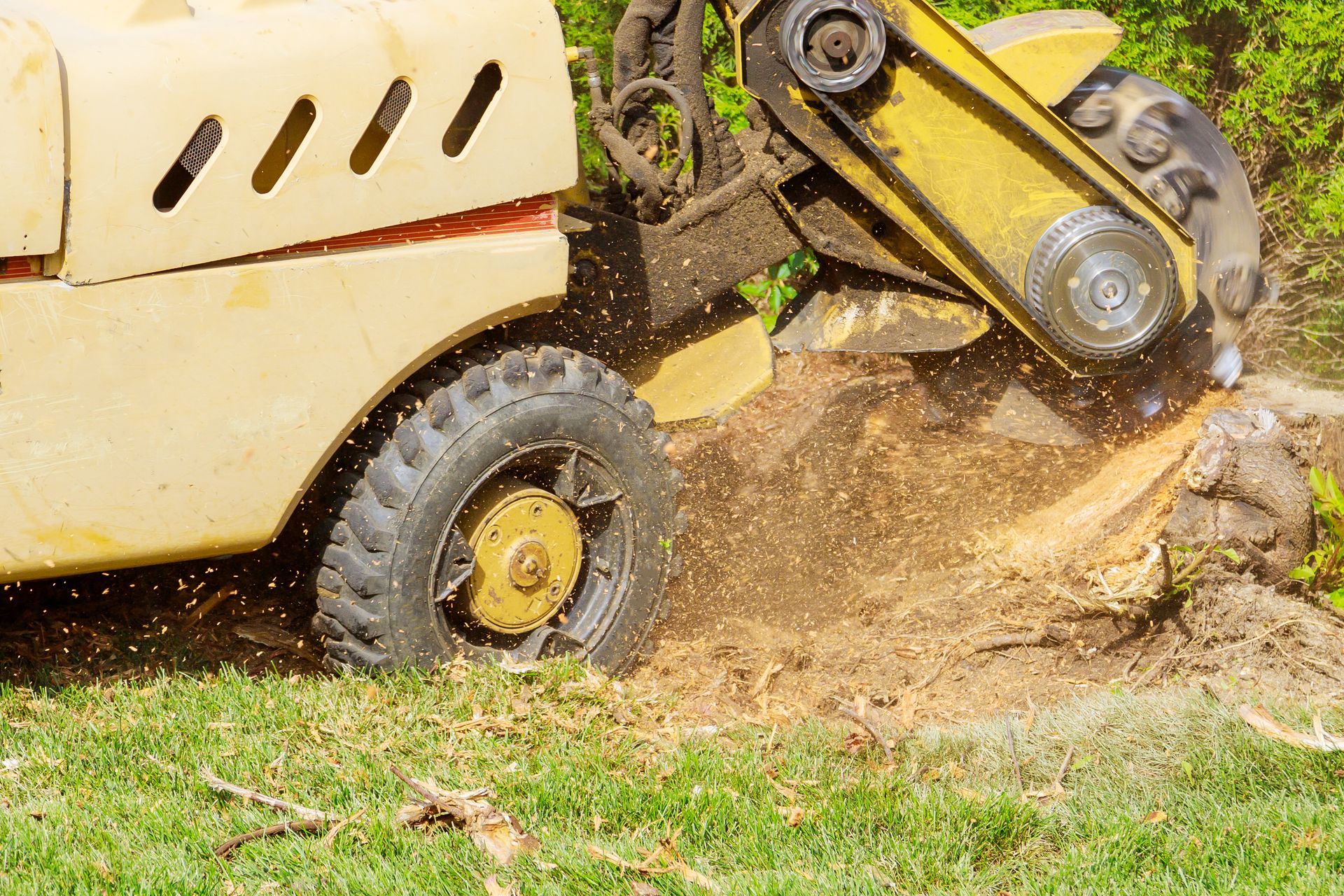 Chargeuse de chantier jaune creusant la terre à côté de l'herbe, avec un godet avant et une roue apparente
