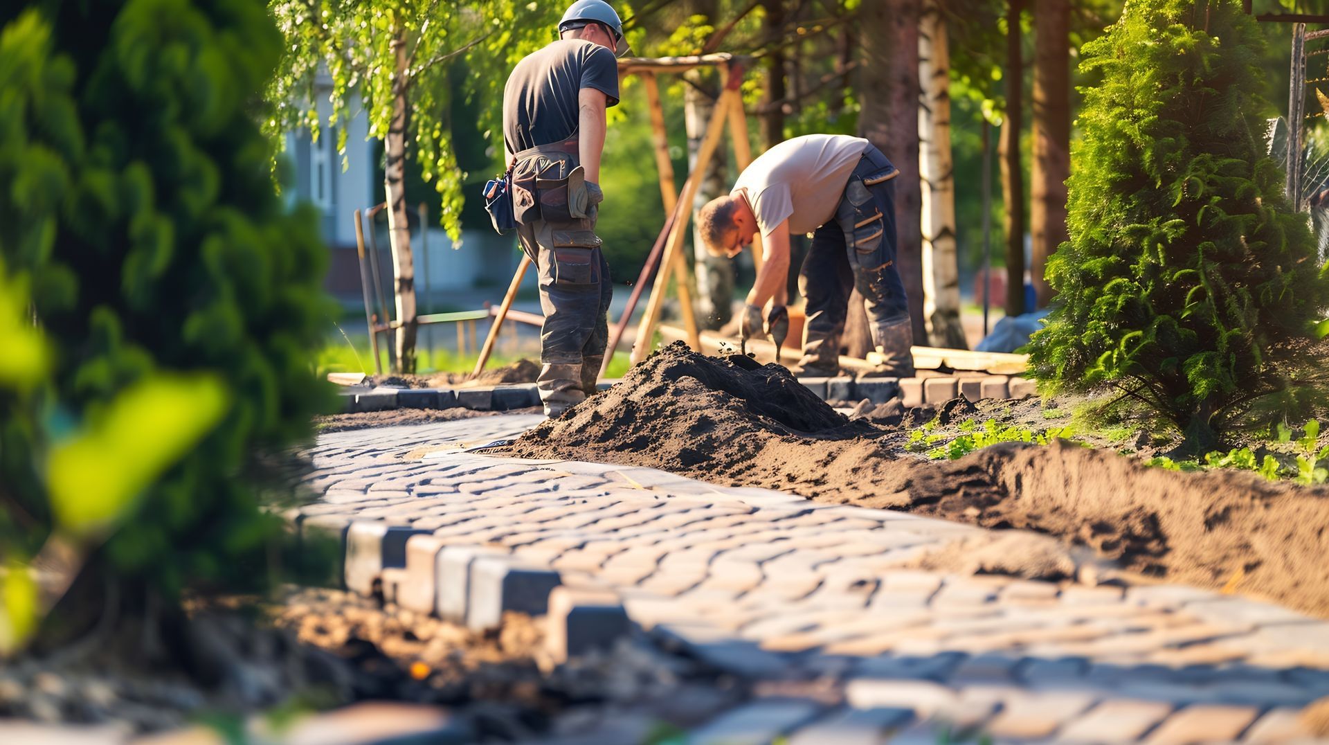 Des ouvriers pavent un chemin de jardin sinueux bordé d'arbres, avec de la terre et des briques empilées au premier plan.