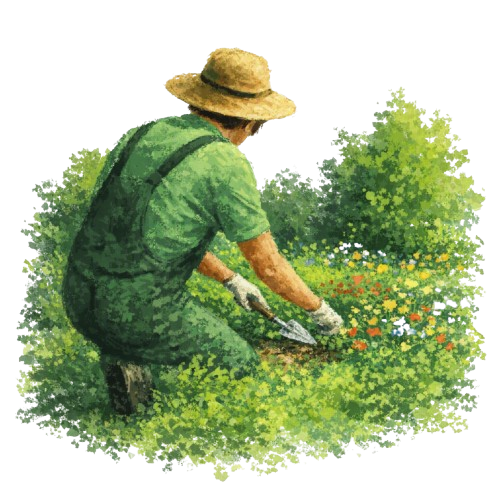 Jardinier en salopette verte et chapeau de paille agenouillé pour s'occuper de fleurs colorées dans un jardin ensoleillé