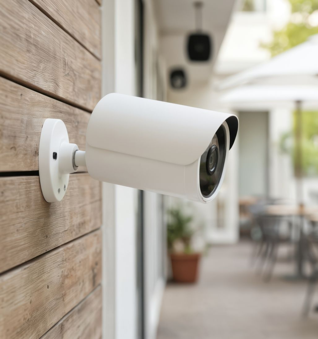 Caméra de sécurité blanche fixée sur un mur en bois, donnant sur un café en terrasse.