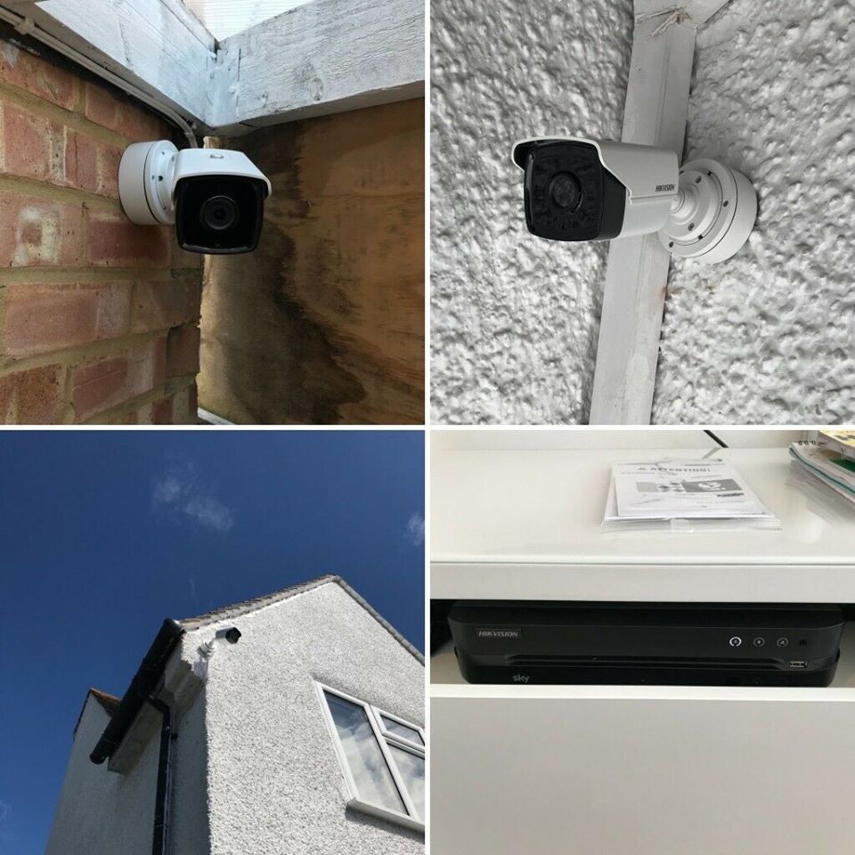 Installation d'une caméra de sécurité sur un mur en briques, un plafond texturé, l'extérieur de la maison et un boîtier d'enregistrement.