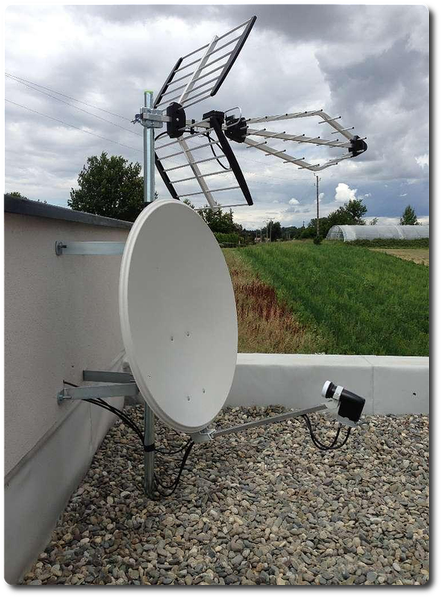 Antenne de télévision et parabole installées sur le toit d'un immeuble, avec un champ verdoyant et un ciel nuageux en arrière-plan.