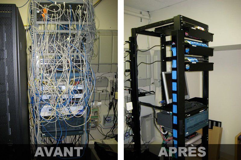 Avant et après la rénovation d'une baie de serveurs. À gauche : câbles emmêlés. À droite : baie organisée avec une gestion des câbles impeccable.
