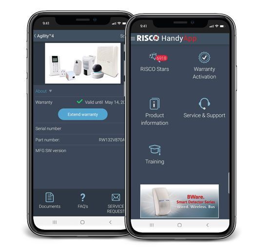Deux smartphones affichant l'application RISCO HandyApp, l'un présentant les informations sur le produit et l'autre les fonctionnalités de l'application.