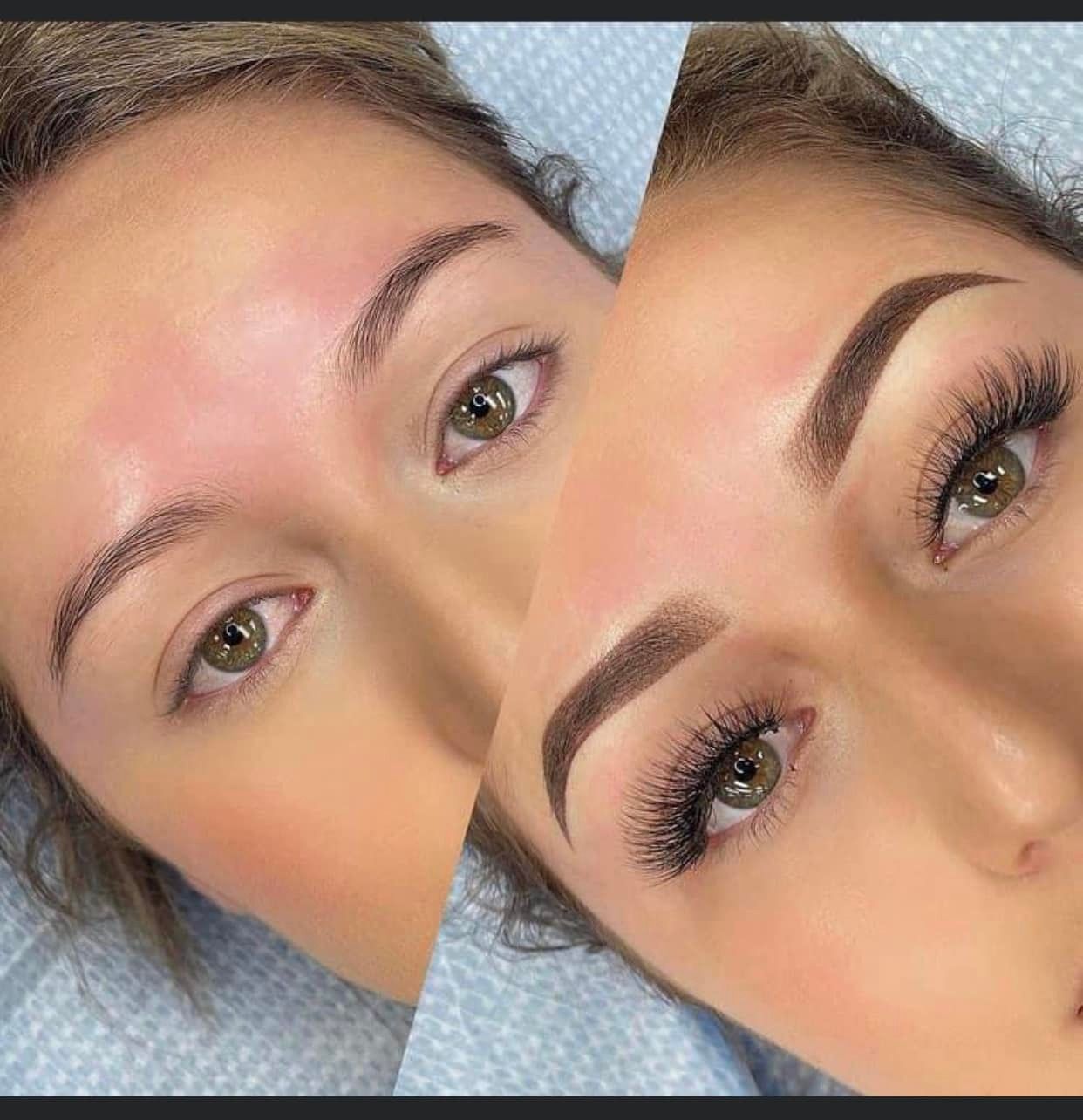 Antes y después del rostro de una mujer que muestra el realce de cejas y pestañas; las cejas realzadas son oscuras y las pestañas espesas.