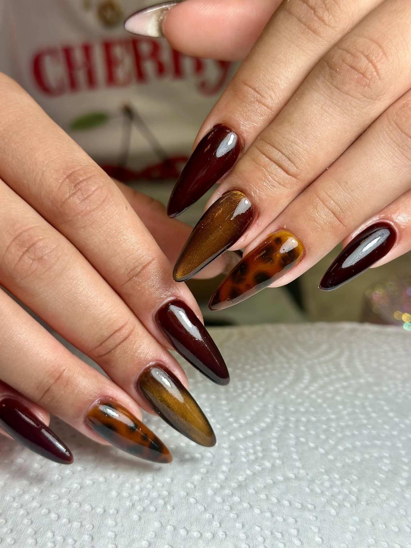 Elegantes uñas en forma de almendra en patrones de color rojo intenso, marrón y carey en las manos de una persona.