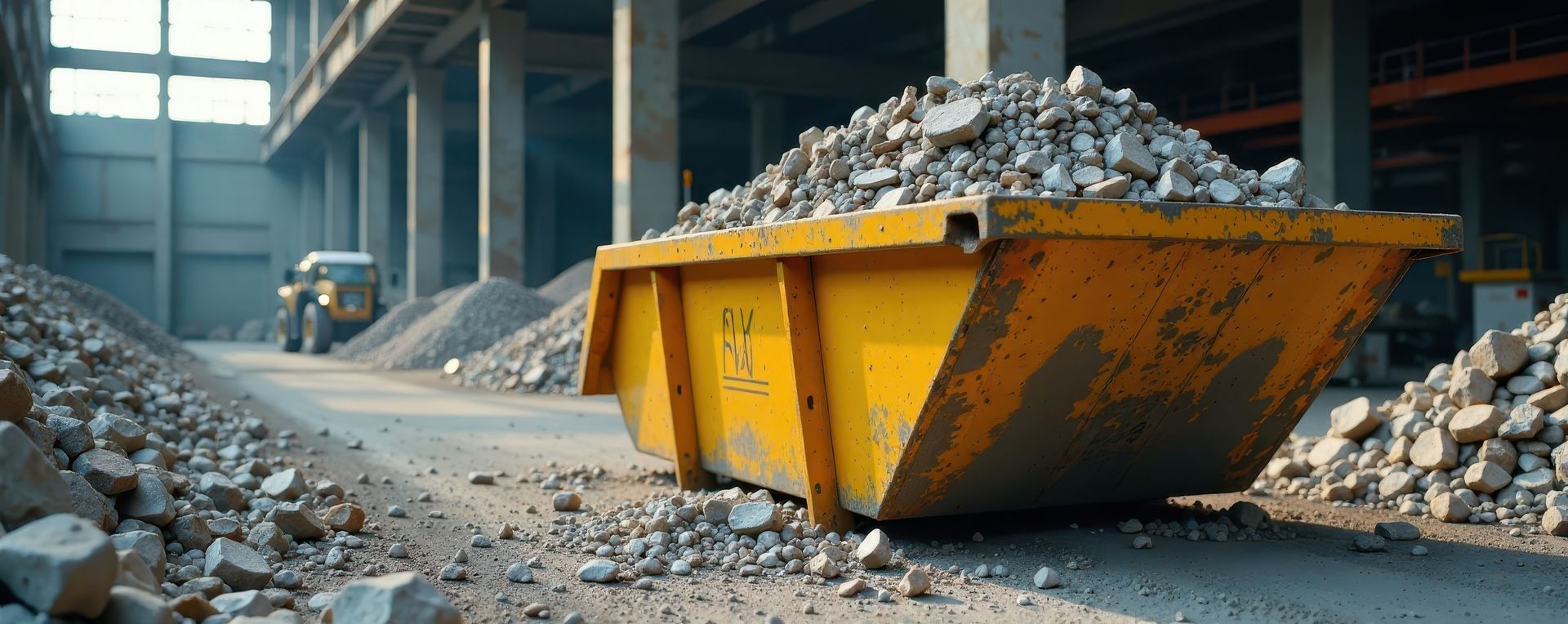 Une benne jaune remplie de gravats sur un site industriel jonché de débris de béton.