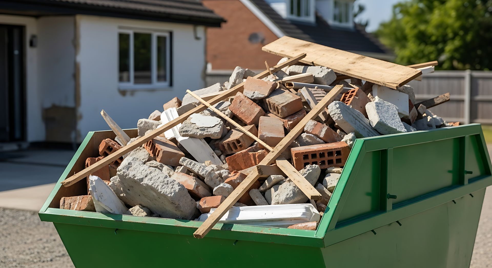 Un conteneur à déchets vert débordant de bois cassé et de débris de construction se trouve dans une allée résidentielle.