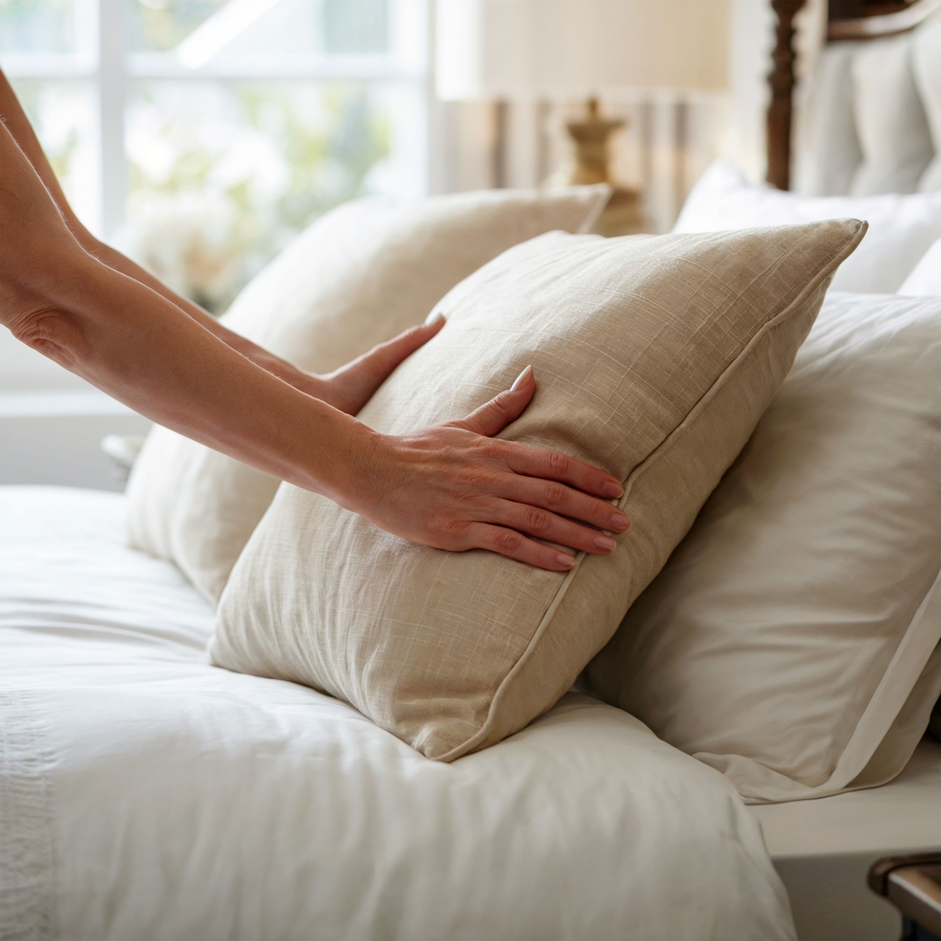 Des mains disposent un coussin décoratif beige texturé sur un lit blanc dans une chambre lumineuse.
