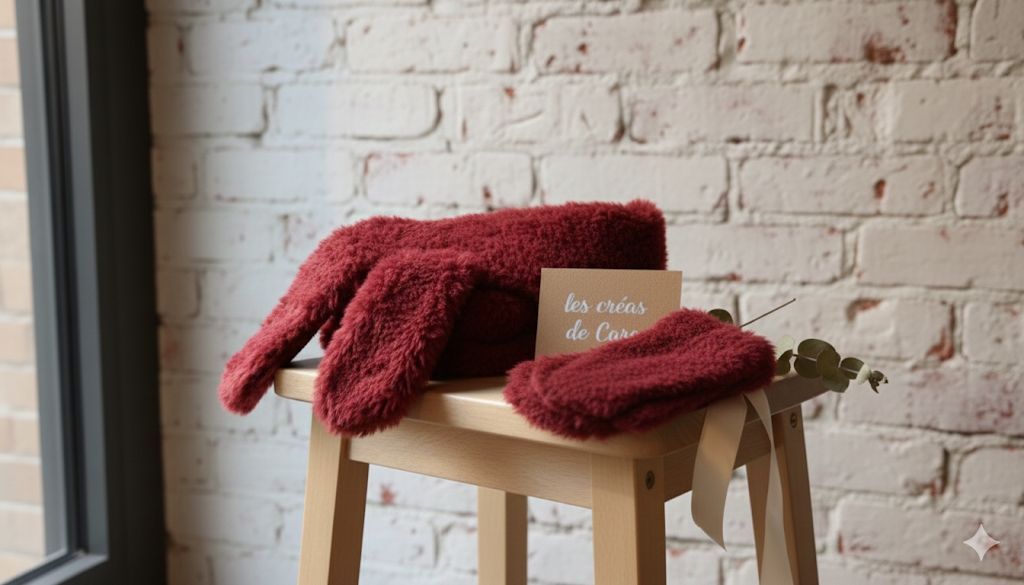 Un serre-tête à oreilles de lapin rouge foncé et duveteux, assorti à des moufles, est posé sur un tabouret en bois contre un mur de briques blanches.