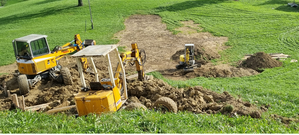 Baustelle: mehrstöckiges Gebäudegerüst mit Gerüst, Erdarbeiten im Vordergrund, blauer Himmel.