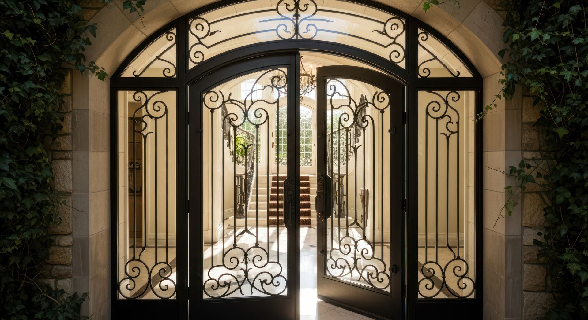 Portes d'entrée en fer forgé noir ouvragé, s'ouvrant sur un intérieur avec escalier.