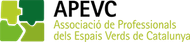 Logo of APEVC, Asociación de Profesionales de los Espacios Verdes de Cataluña, en green y yellow with leaf shapes