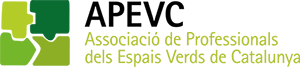 Logo of APEVC, Asociación de Profesionales de los Espacios Verdes de Cataluña, en green y yellow with leaf shapes