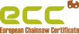 Logotipo del Certificado Europeo de Motosierras en texto verde y marrón con un pequeño icono de motosierra marrón.