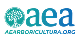 Logotipo de AEA en color verde azulado con icono de árbol y texto “AEARBORICULTURA.ORG”