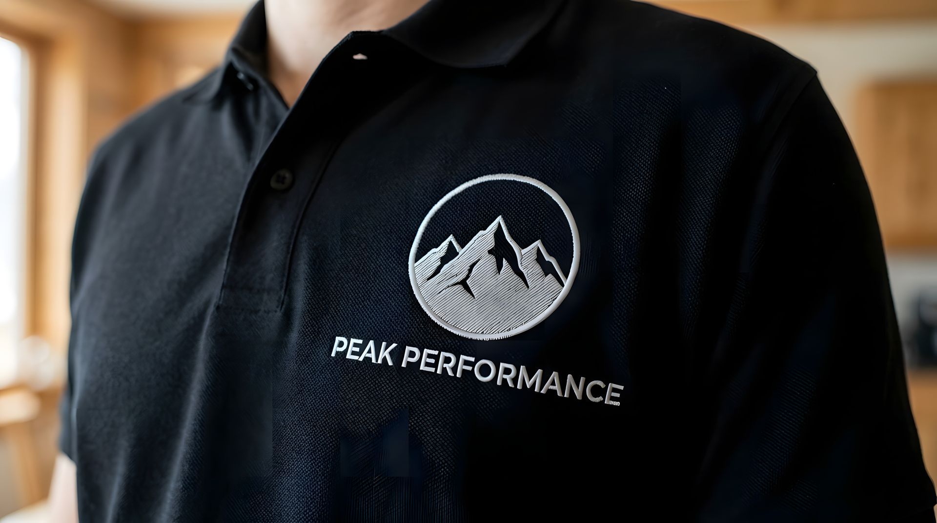 Polo noir avec un logo de montagne blanc et l'inscription « PEAK PERFORMANCE » sur la poitrine.