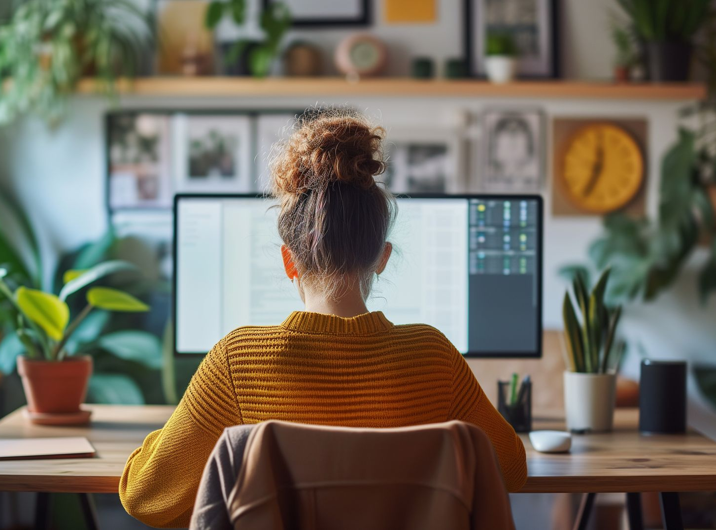 Une personne travaille à un bureau avec un ordinateur dans un bureau à domicile confortable, entourée de plantes et d'étagères.
