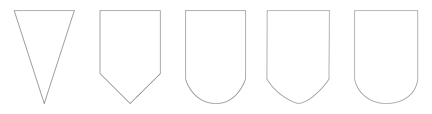 Cinq formes de boucliers et d'insignes dessinées au contour, alignées, allant de pointes à des bases arrondies.