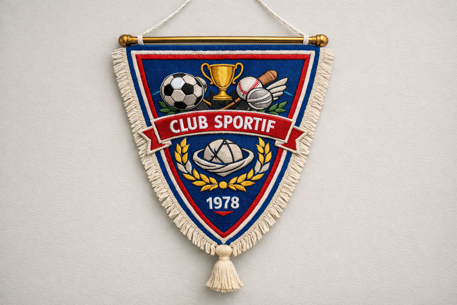 Fanion triangulaire bleu d'un club sportif avec bordure rouge et blanche, trophée, ballon de football, laurier et année 1978