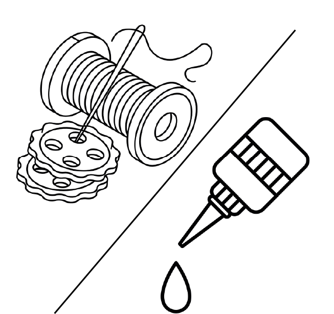 Bobine de fil, engrenage, flacon de colle et goutte de colle séparés par une ligne diagonale.